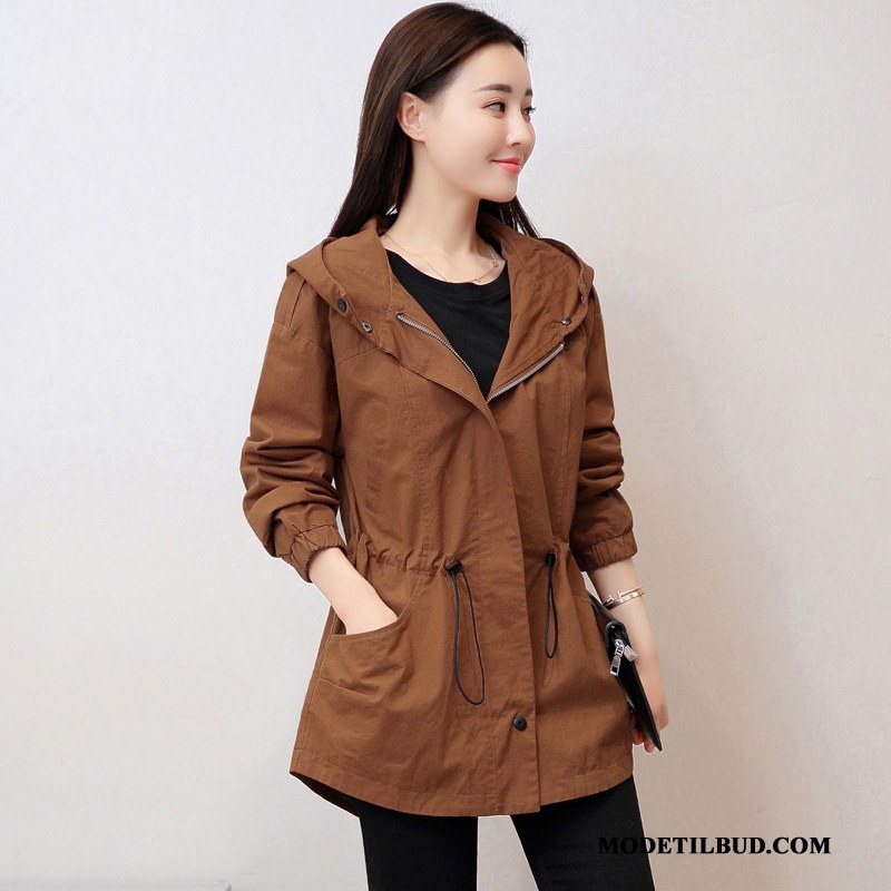 Dame Trenchcoat Billige Med Hætte Fritids Frakke Simple Brede Karamel Ren Khaki