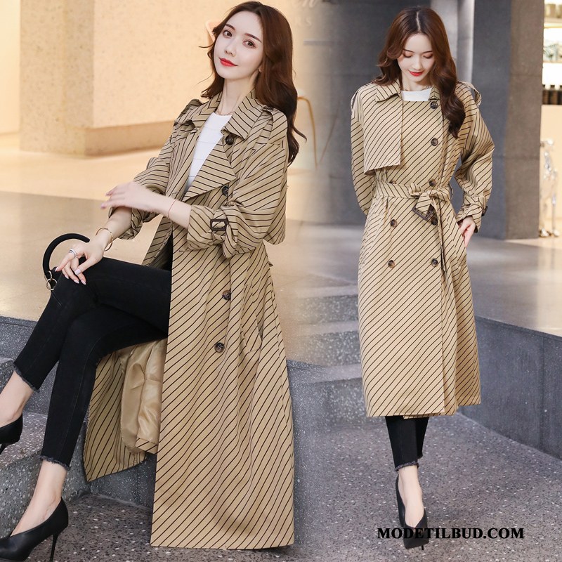 Dame Trenchcoat Online Trend Ny Lange Stribede Kvinder Rød Hvid Beige