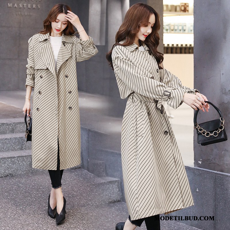 Dame Trenchcoat Online Trend Ny Lange Stribede Kvinder Rød Hvid Beige