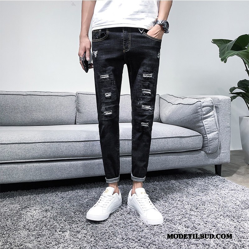 Herre Jeans Billige Med Huller Forår Slim Fit Ny Trend Sort