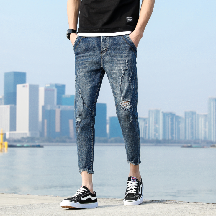 Herre Jeans Online Simple Forår Trend Lille Sektion Bukser Sort Blå