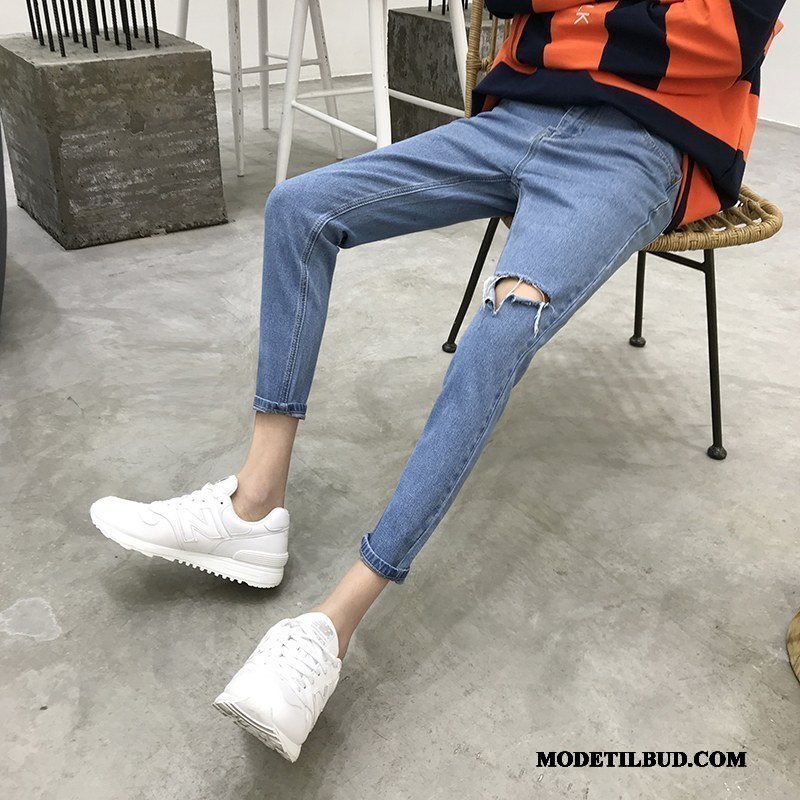 Herre Jeans Rabat Tynde Med Huller 2019 Slim Fit Mænd Lyse Blå