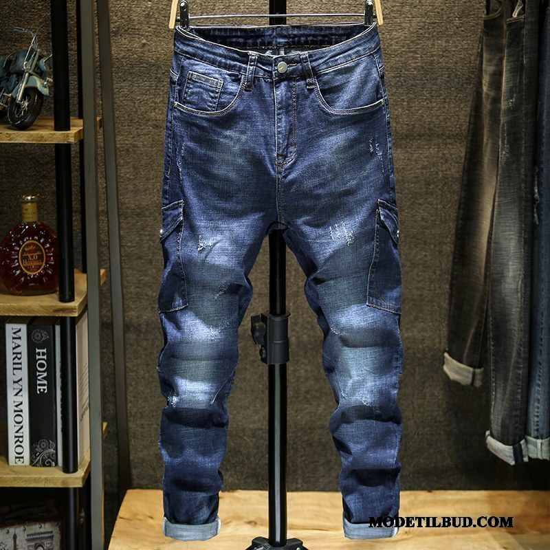 Herre Jeans Udsalg Slim Fit 2019 Cowboybukser Lille Sektion Med Huller Hvid Cyan Blå