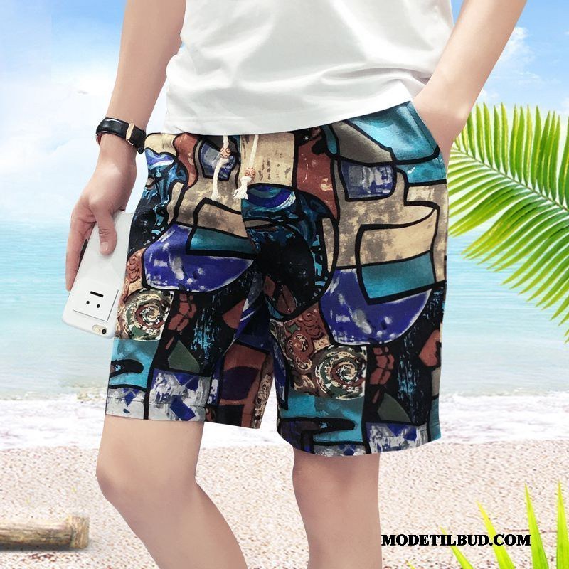 Herre Shorts Billige Stor Casual Bukser Blomster Sommer Slim Fit Sand Blå