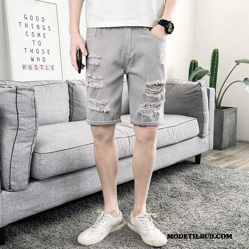 Herre Shorts Rabat Brede Mænd Med Huller Denim Trend Khaki Grå