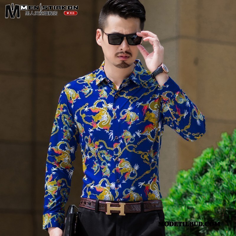 Herre Skjorter Rabat Tryk Lange Ærmer Drage Kinesisk Stil Tynde Blå
