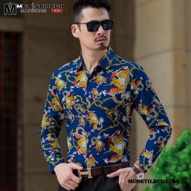 Herre Skjorter Rabat Tryk Lange Ærmer Drage Kinesisk Stil Tynde Blå