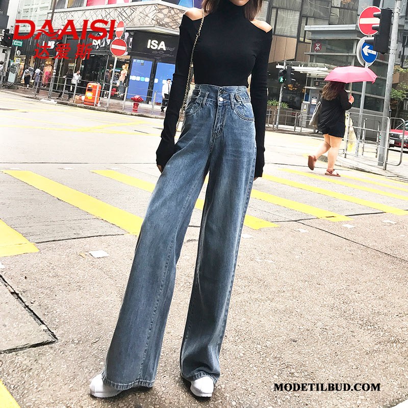 Dame Jeans Online Sommer Høj Talje Lige Bukser Vintage Blå