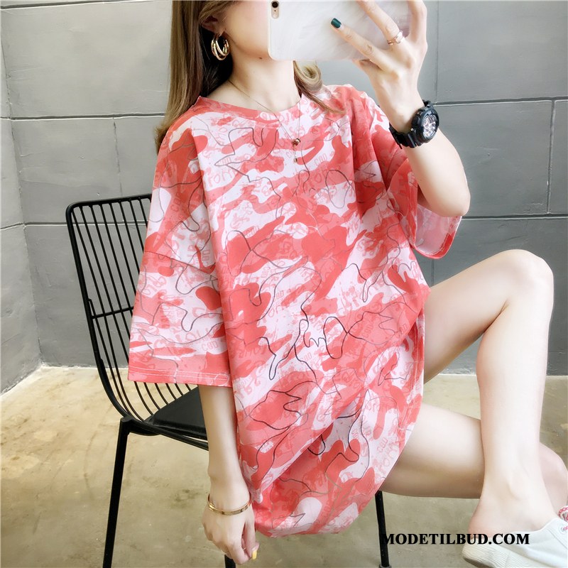 Dame T-shirts Billige Lange Brede Store Størrelser Kvinder Kort Ærme Camouflage Rød