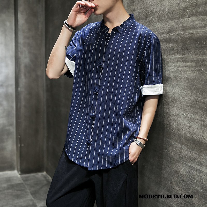Herre Skjorter Udsalg Stribede Vintage Trend Kinesisk Stil Kort Ærme Mørkeblå